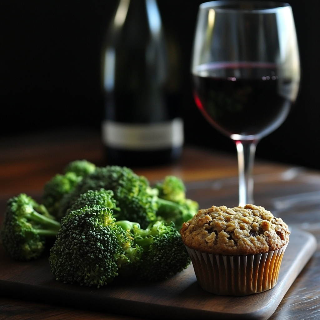 Broccoli, red wine, and a whole wheat muffin